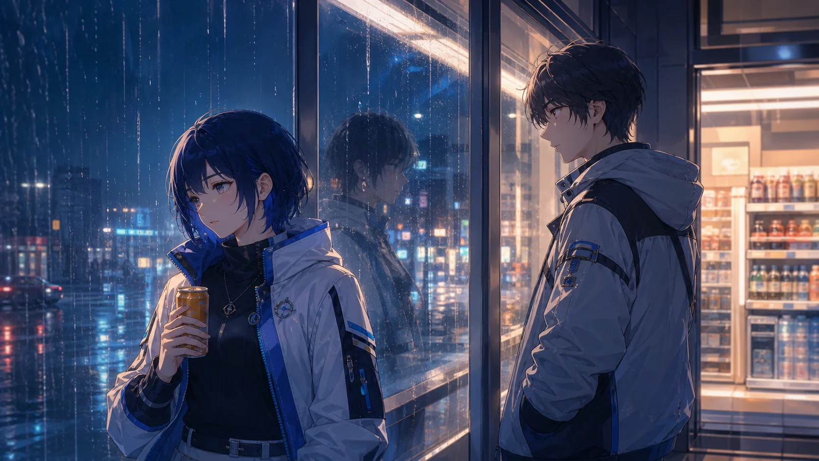 暴雨夜的便利店玻璃两侧,两名原创角色正在进行一场克制的谈话