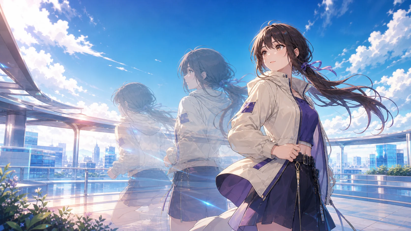 原创角色从奔跑中停下并回头,画面保留连续的姿态残影